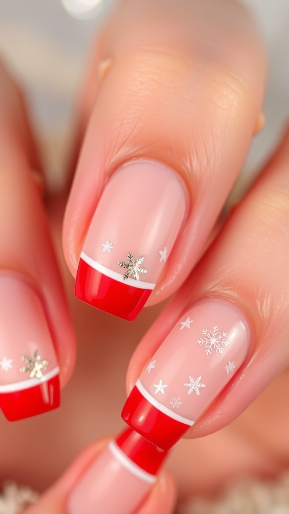 Close-up of short French tip nails in red and nude with Christmas designs.